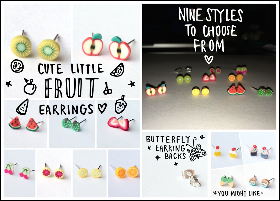 Süße Kleine Obst Ohrringe 9 Verschiedene Obstsorten Wassermelone, Roter Apfel, Limette, Erdbeere, Kiwi, Acai Bowl, Zitrone, Orangen, Pfirsich von teapeach