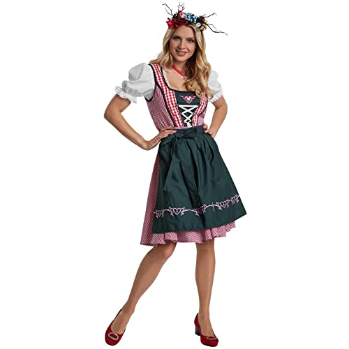 dressforfun Dirndl Damen Mini, kurzes Trachtenkleid mit Karomuster und Borten, Dirndlkleid mit Stickerei und Schürze, Trachtenrock Damen Kleid für Oktoberfest, mit Dirndl Bluse kombinierbar, rot/grün von tectake
