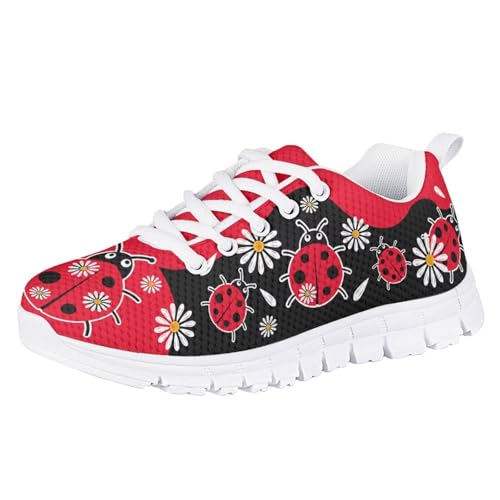 teeinprint Mädchen-Sneaker, Kinder, Schnürschuhe, Tennis-Laufschuhe, leicht, atmungsaktiv, Wanderschuhe für kleine Kinder/große Kinder, Roter Marienkäfer-Gänseblümchen-Druck, 35 EU von teeinprint