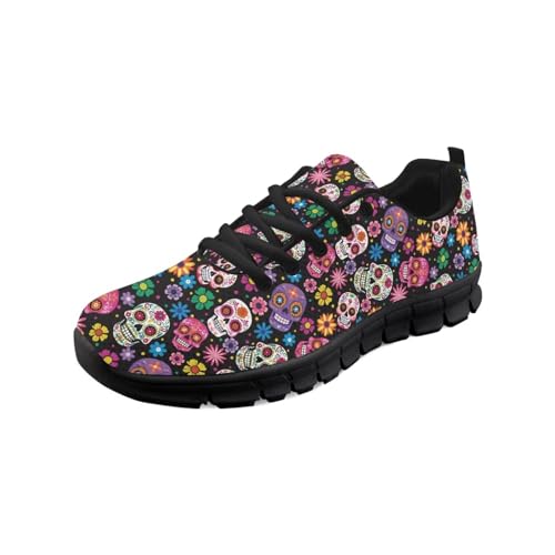 teeinprint Wanderschuhe für Damen und Herren, bequem, Netzstoff, Slipper, Laufschuhe, Sneaker, Outdoor-Sport, Fitnessschuh, Totenkopf Blumen, 42 EU von teeinprint