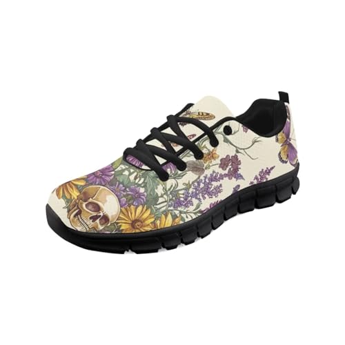 teeinprint Wanderschuhe für Damen und Herren, bequem, Netzstoff, Slipper, Laufschuhe, Sneaker, Outdoor-Sport, Fitnessschuh, Totenkopf-Blumendruck, 40 EU von teeinprint
