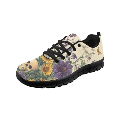 teeinprint Wanderschuhe für Damen und Herren, bequem, Netzstoff, Slipper, Laufschuhe, Sneaker, Outdoor-Sport, Fitnessschuh, Totenkopf-Blumendruck, 44 EU von teeinprint