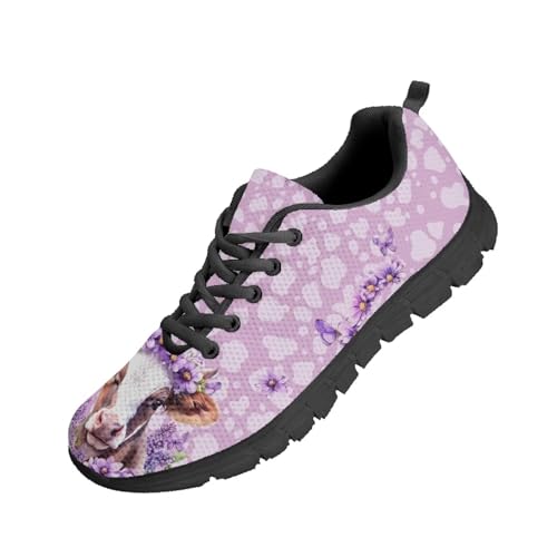 teeinprint Wanderschuhe für Damen und Herren, bequeme Schnürung, Tennis-Sneaker, leicht, zum Reinschlüpfen, Hochlandkuh Blumendruck, 37 EU von teeinprint