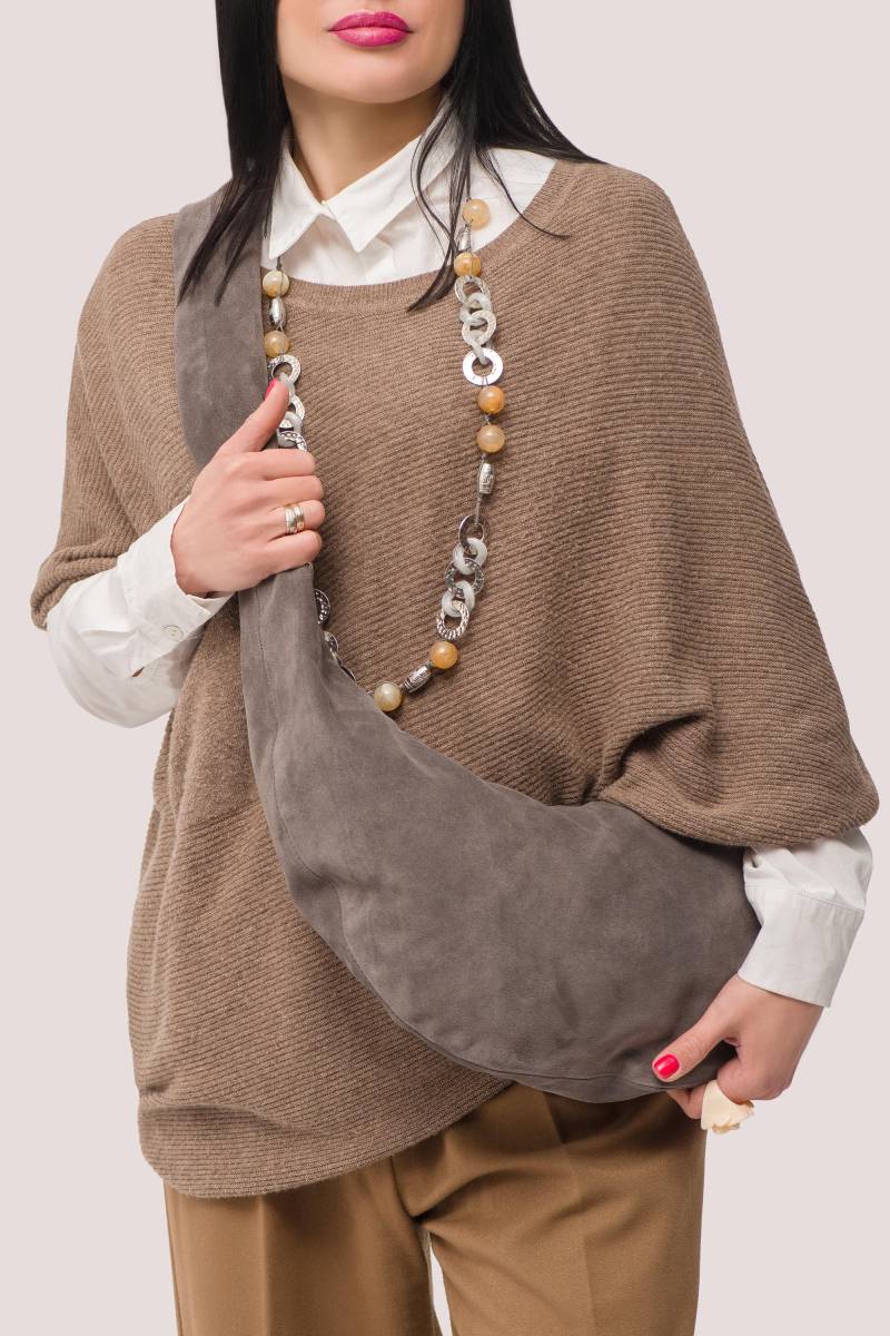 Lange Wildleder Tasche - Graue Hobo Leder Bag Weiche Geldbörse Stapeltasche Geschenk Zum Muttertag von tefia