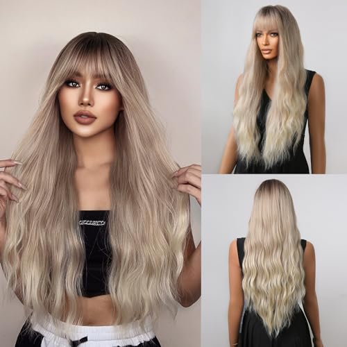 testar 28 Zoll Ombre Blonde Perücken Mit Pony Lange Blonde Perücken Für Frauen Natürliches Lockiges Gewelltes Kunsthaar Süße Perücken Für Den Alltag/Halloween/Party/Cosplay von testar