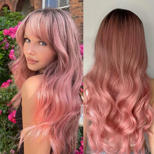 testar Lange Pastellrosa HaarperÜCken Mit Pony FÜR Frauen Ombre Pink Mit Dunklem Ansatz Hitzebeständige Synthetische PerÜCke FÜR Den Täglichen Partygebrauch NatÜRliches Aussehen von testar