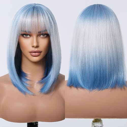 testar Ombre Blonde Blaue Bob Perücken für Frauen Schulter Lange Gerade Kunsthaar Blonde Peruck mit Pony Haarersatz Weibliche Perücke Tägliches Cosplay von testar