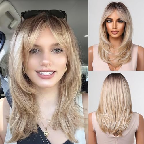 testar Blonde Perücke Für Frauen Schulter Lange Geschichtete Glatte Blonde Platin Bob Perücken Mit Pony Gemischte Weiße Natürliche Haare Synthetische Hitzebeständige Perücke Für Party Cosplay von testar