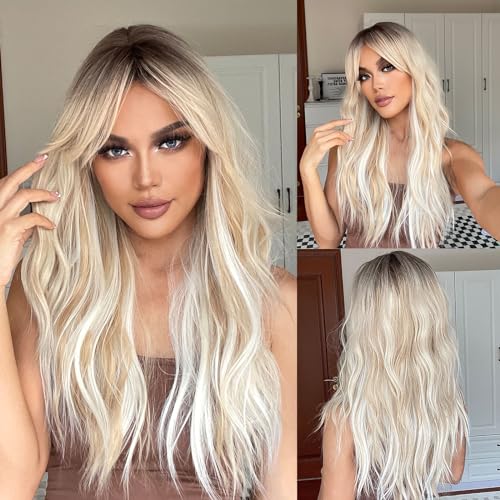 testar 24 Zoll Lange Blonde Perücke Ombre Blond Gewellt Mittelteil Perücken Für Frauen Natürlich Realistisch Synthetische Hitzebeständige Haarperücke Leimlose Perücken Für Cosplay/Mottoparty von testar