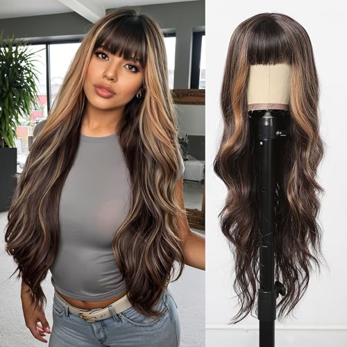 testar Braune Perücken Für Frauen Lange Gewellte Perücken Mit Pony Blonde Highlights Lockiges Haar Synthetische Lockige Wellen Hitzebeständige Faserperücken Für Jeden Anlass testar Braune Perücken Für Frauen Lange Gewellte Perücken Mit Pony Blonde Highlights Lockiges Haar Synthetische Lockige Wellen Hitzebeständige Faserperücken Für Jeden Anlass von testar