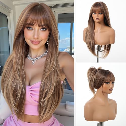 testar Lange braune gerade Perücken mit Pony, lang, Ombré-Braun, Blond, synthetische Perücken für weiße Frauen, für den täglichen Gebrauch, 66 cm testar Lange braune gerade Perücken mit Pony, lang, Ombré-Braun, Blond, synthetische Perücken für weiße Frauen, für den täglichen Gebrauch, 66 cm von testar
