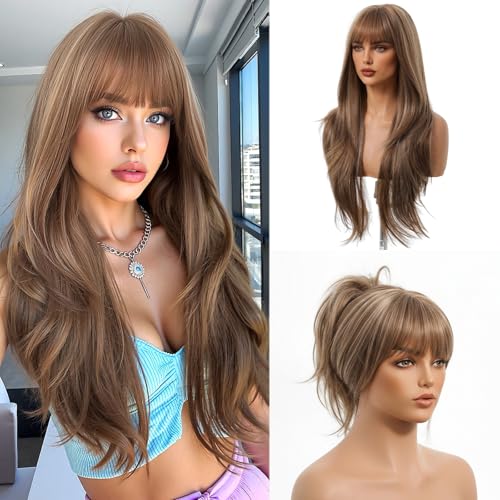 testar Lange braune glatte Perücke mit Pony, lang, braun, gemischt, blond, synthetische Perücken für Damen, für den täglichen Gebrauch, 66 cm von testar