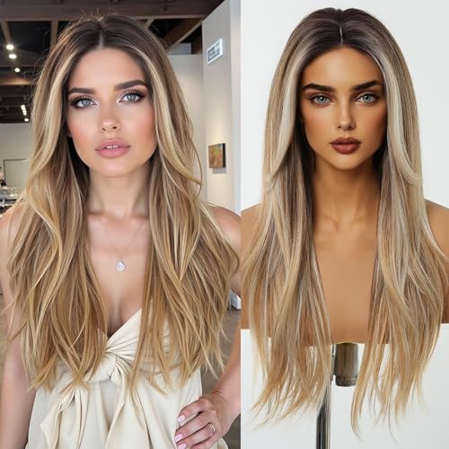 testar Lange glatte Ombré-Perücke für weiße Frauen, dunkelbraun bis blond, Strähnchen, seidiges Haar, synthetische Mittelscheitel-Perücken für den täglichen Gebrauch, Schnürverschluss, natürlicher testar Lange glatte Ombré-Perücke für weiße Frauen, dunkelbraun bis blond, Strähnchen, seidiges Haar, synthetische Mittelscheitel-Perücken für den täglichen Gebrauch, Schnürverschluss, natürlicher von testar