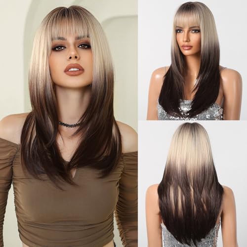 testar Ombre Blonde Schwarze Perücken Für Frauen Lange Gerade Geschichtete Blond Perücken Mit Pony Hitzebeständige Haare Damen Perücken Für Party Cosplay Kleidung von testar