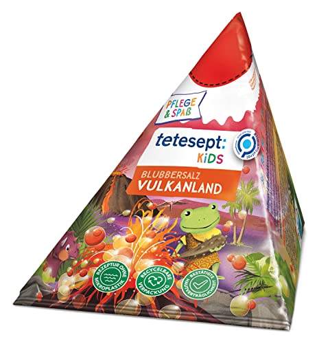 tetesept KIDS Blubbersalz Vulkanland - Kinder Badespaß mit dem Duft von süßen Früchten - Badezusatz mit extra viel Blubberspaß und rotes Wasser - 10 x 50g von tetesept