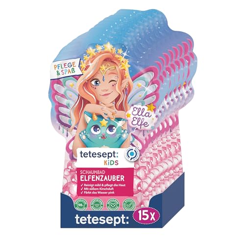 tetesept KIDS Schaumbad Elfenzauber - 15 x 40 ml - Kinderbad mit süßem Kirschduft und pflegender Rezeptur - Magischer Badeschaum und pinkes Wasser von tetesept