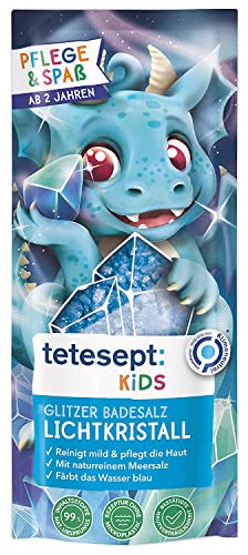 tetesept KIDS Glitzer Badesalz Lichtkristall – Kinderbad mit Meersalz, magischem Glitzereffekt und pflegender Rezeptur – zauberhafter Badezusatz färbt das Wasser blau – 10 x 40 g von tetesept