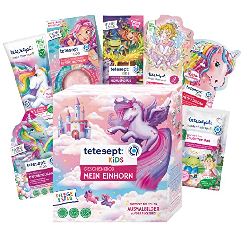 tetesept Kids Geschenkbox Mein Einhorn - Kinder Badezusatz Geschenkset mit Sprudelbad, Schaumbad, Badeüberraschung, Dusche und Armband - mit hautpflegender Rezeptur – 10er Set von tetesept