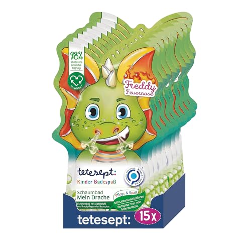 tetesept Kinder Badespaß Schaumbad Mein Drache mit fruchtigem Apfelduft und pflegender Hautrezeptur – Drachenstarker Badeschaum und grünes Wasser – 15 x 40 ml von tetesept