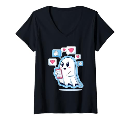 Damen SMS Ghost Halloween Social Chat T-Shirt mit V-Ausschnitt Damen SMS Ghost Halloween Social Chat T-Shirt mit V-Ausschnitt von texting ghost cute ghost halloween social chat