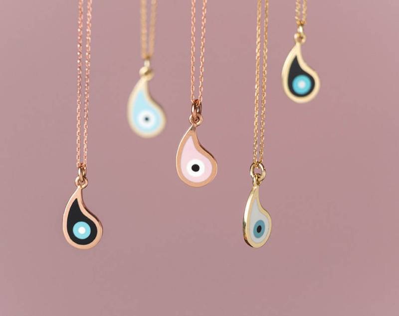 Evil Eye Halskette Aus Massivgold/14K Emaille Teardrop Anhänger Zierlicher Schutz Charm von thalassajewelry