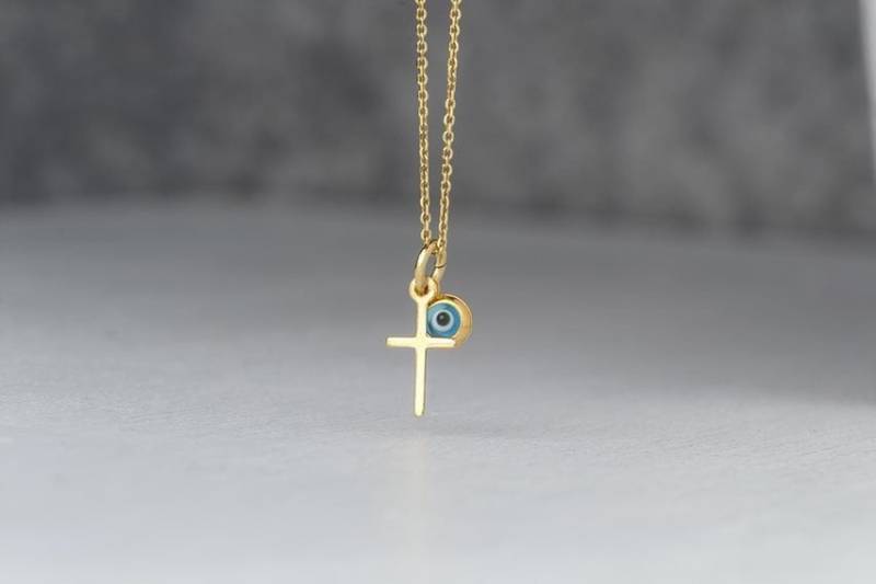 14K Massiv Gold Kreuz Halskette Kleiner Evil Eye Anhänger, Handgefertigt Jp1007-E von thalassajewelry
