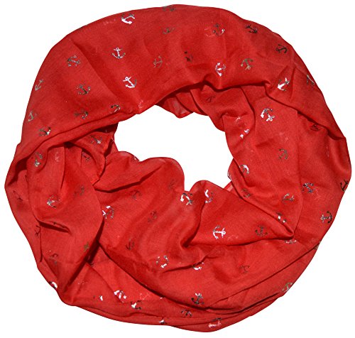 Damen Loopschal Schlauchschal mit Anker Ancherchen Muster Maritim Metallic-Silber-Aufdruck Glanz Schal Rundschal Leicht Weich Soft Sommer Anchor (Rot) von thb Richter