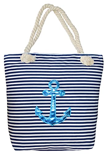 Damen Strandtasche Große mit Reißverschluss Anker Glänzend Maritim Streifen gestreift Schultertasche Shopper Umhängetasche für Reisen Strand Schwimmbad (Navy-Blau) von thb Richter