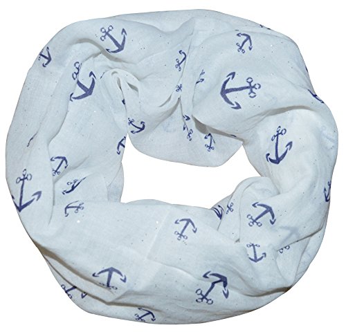 Damen glitzernder Loopschal Schlauchschal mit Anker Muster Maritim Glitzer Glanz Schal Rundschal Weich Soft Anchor (Weiß) von thb Richter