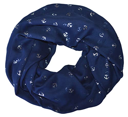 Damen schlauchschal Loopschal Rundschal Schals Halstücher Ideal für Frühling & Sommer Anker Segelboot Maritim Meer See Urlaub Freizeit (Silber Glänzend - Dunkelblau) von thb Richter