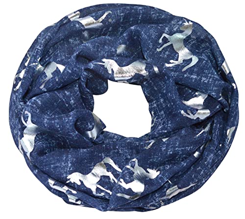 thb Richter Loopschal Meliert Schlauchschal mit Einhorn Unicorn Muster Pferd Horse Metallic Aufdruck Silber Glitzer Glanz Glänzend Rundschal Weich Soft Schals Tücher (Dunkelblau) von thb Richter