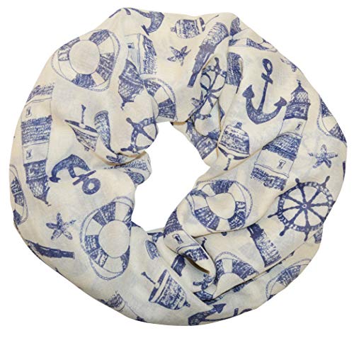 Loopschal Schlauchschal mit Maritim muster Schal Rundschal Weich Soft Anker Beacon Leuchtturm Rettungsring Anchor Nautisch Halstücher (Beige/Blau) von thb Richter