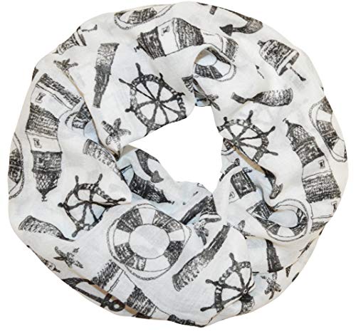 Loopschal Schlauchschal mit Maritim muster Schal Rundschal Weich Soft Anker Beacon Leuchtturm Rettungsring Anchor Nautisch Halstücher (Weiß/Schwarz) von thb Richter
