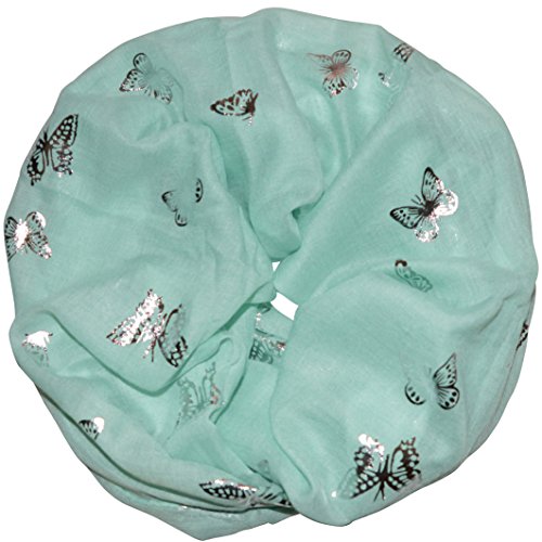 thb Richter Damen Loopschal Schlauchschal Rundschal mit Schmetterlinge Butterflies Muster Metallic Glitzer Glanz Schal Rundschal Weich Soft Butterfly Schmetterling (Mintgrün) von thb Richter