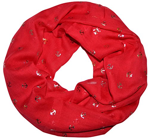 thb Richter Damen Loopschal Schlauchschal mit Anker Ancherchen Muster Metallic Glitzer Glanz Schal Rundschal Leicht Weich Soft Sommer Anchor (Rot) von thb Richter
