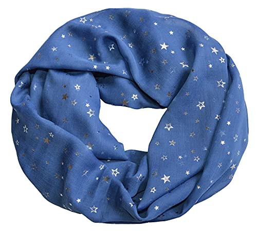 thb Richter Damen Loopschal Schlauchschal mit Sternchen Sterne Muster Stars Metallic-Silber-Aufdruck glänzend Schal Rundschal Leicht Weich Soft Sommer Star (Jeansblau) von thb Richter