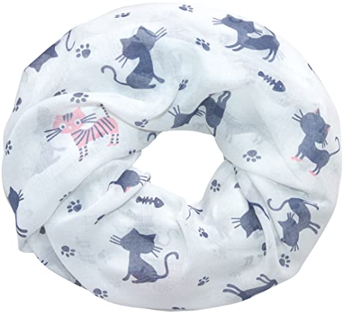 thb Richter Damen Loopschal Schlauchschal mit katzenmotiv Katzen und Fischgräten Katze-Fußabdruck Cat Halsschal Tücher Loop Weich (Weiß) von thb Richter