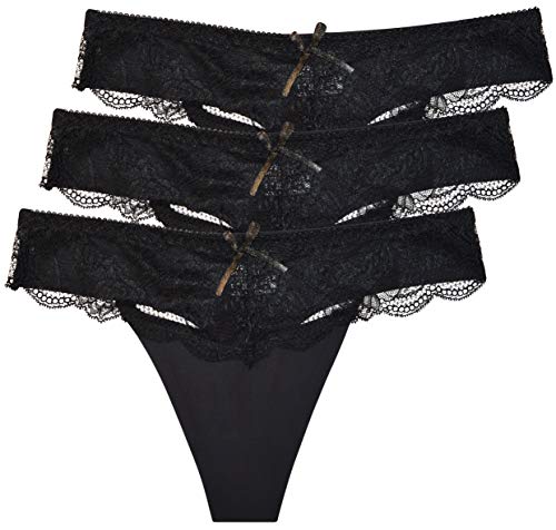 thb Richter Damen Unterhosen String Slips mit Lace Spitzen Stretch Elastisch Spurlos Höschen Tanga Thong Niedrige Bundhöhe Einfarbig Frauen Mädchen (3er-Set (Schwarz), m) von thb Richter