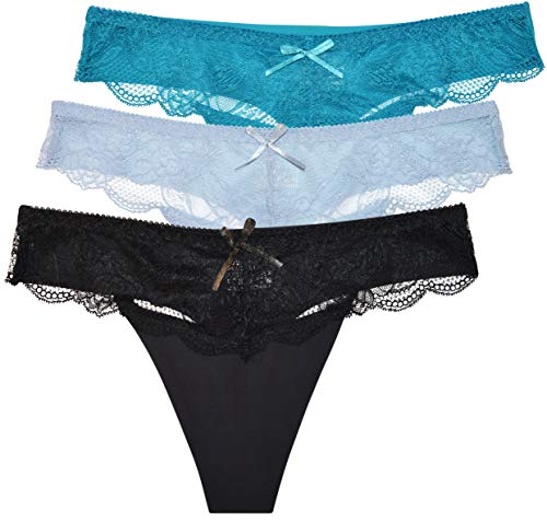 thb Richter Damen Unterhosen String Slips mit Lace Spitzen Stretch Elastisch Spurlos Höschen Tanga Thong Niedrige Bundhöhe Einfarbig Frauen Mädchen (3er-Set (Schwarz-Hellblau-Petrol), m) von thb Richter