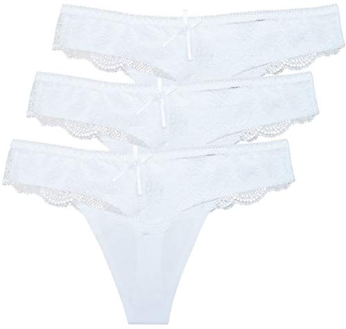 thb Richter Damen Unterhosen String Slips mit Lace Spitzen Stretch Elastisch Spurlos Höschen Tanga Thong Niedrige Bundhöhe Einfarbig Frauen Mädchen (3er-Set (Weiß), s) von thb Richter