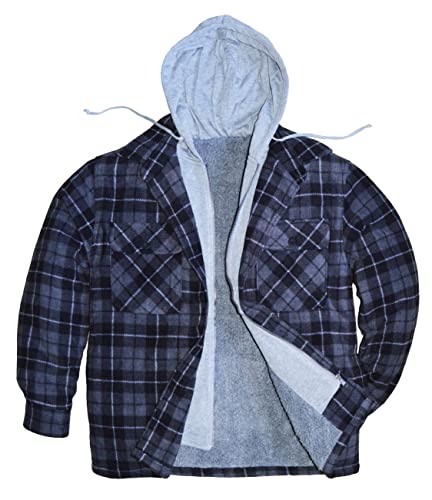 thb Richter Herren Thermohemd/Jacke mit Plüschfell Innenfutter Fleece Holzfällerjacke Arbeitsjacke Flanelljacke mit Kapuze Kariert Karo gefüttert M-XXXL (L, Dunkelgrau-schwarz) von thb Richter