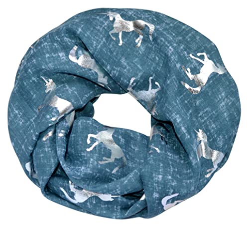 thb Richter Loopschal Meliert Schlauchschal mit Einhorn Unicorn Muster Pferd Horse Metallic Aufdruck Silber Glitzer Glanz Glänzend Rundschal Weich Soft Schals Tücher (Grün) von thb Richter