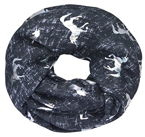 thb Richter Loopschal Meliert Schlauchschal mit Einhorn Unicorn Muster Pferd Horse Metallic Aufdruck Silber Glitzer Glanz Glänzend Rundschal Weich Soft Schals Tücher (Schwarz) von thb Richter