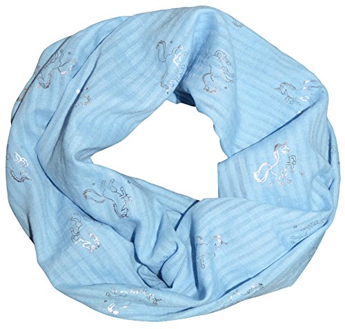 thb Richter Loopschal Schlauchschal mit Einhorn Unicorn Blazing-Star Muster Pferd Horse Sternchen Stern Metallic Glitzer Glanz Schal Rundschal Leicht Weich Soft (Hellblau) von thb Richter