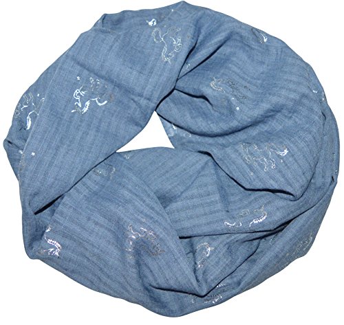 thb Richter Loopschal Schlauchschal mit Einhorn Unicorn Blazing-Star Muster Pferd Horse Sternchen Stern Metallic Glitzer Glanz Schal Rundschal Leicht Weich Soft (Jeansblau) von thb Richter
