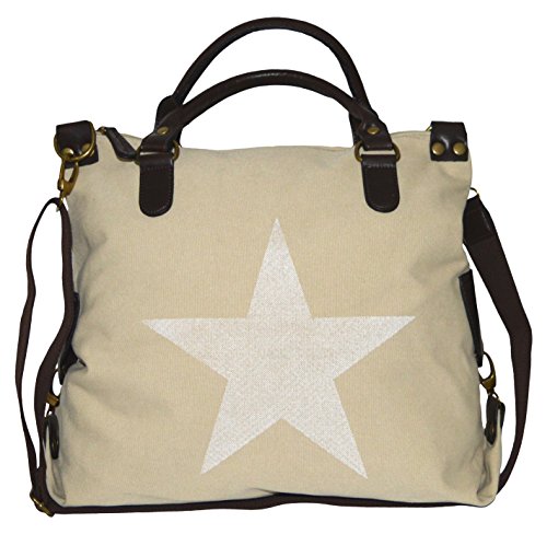 thb Richter Tasche Canvas PU Leder Stern Star Bag Shopper Handtasche Schultertasche Umhängetasche Henkeltasche Baumwolle Stoff Tragetasche beige von thb Richter