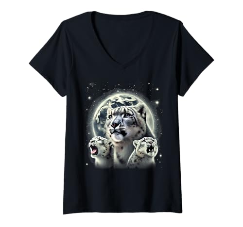 Damen DREI majestätische Schneeleoparden heulen den Mond an T-Shirt mit V-Ausschnitt Damen DREI majestätische Schneeleoparden heulen den Mond an T-Shirt mit V-Ausschnitt von the full moon and the majestic snow leopards