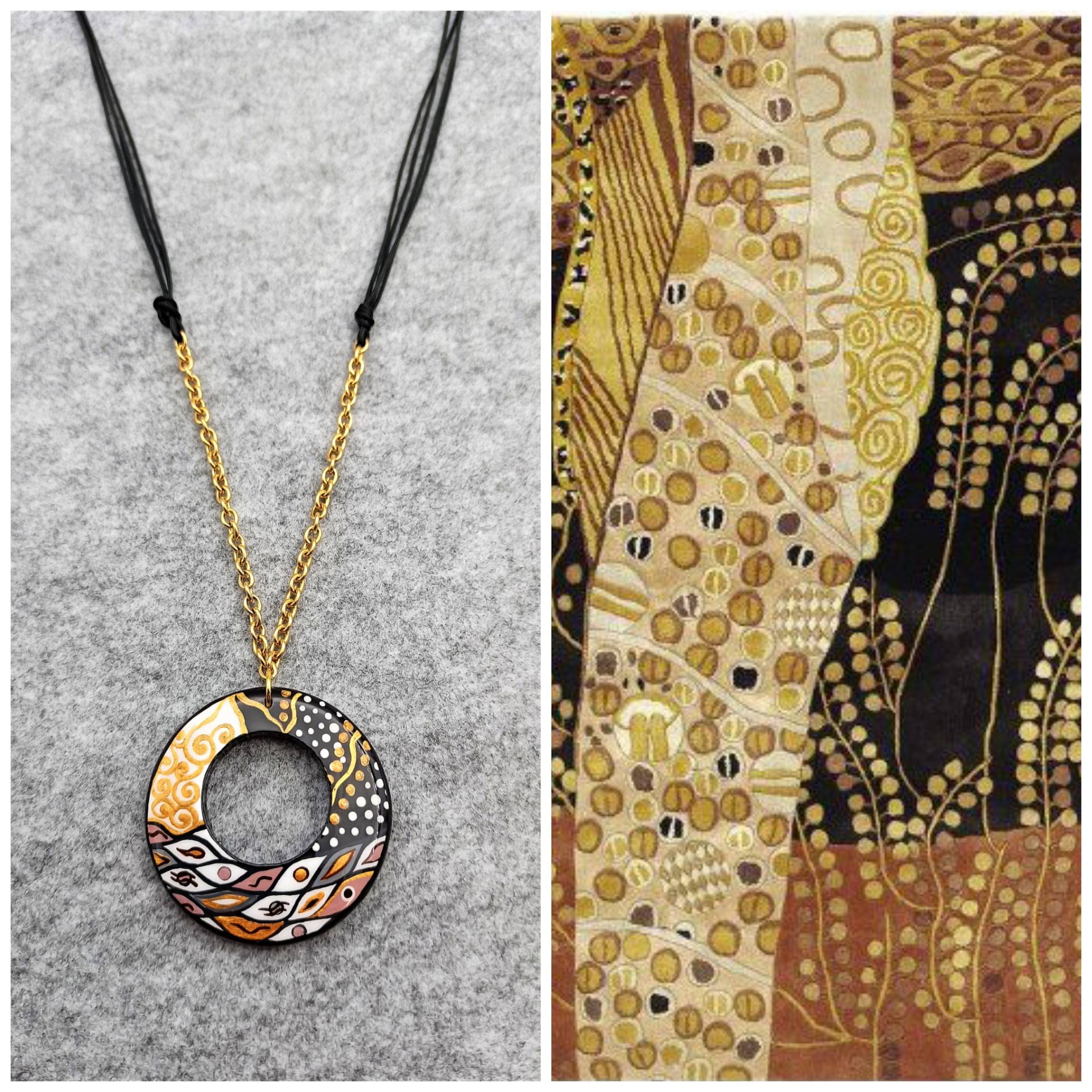 Bemalter Anhänger Aus Holz Inspiriert Von Gustav Klimt Kunst. Gold Schwarzer Mit Edelstahl Anhänger. Berühmtes Kunstschmuckgeschenk Bemalter Anhänger Aus Holz Inspiriert Von Gustav Klimt Kunst. Gold Schwarzer Mit Edelstahl Anhänger. Berühmtes Kunstschmuckgeschenk von theArtDecoBox