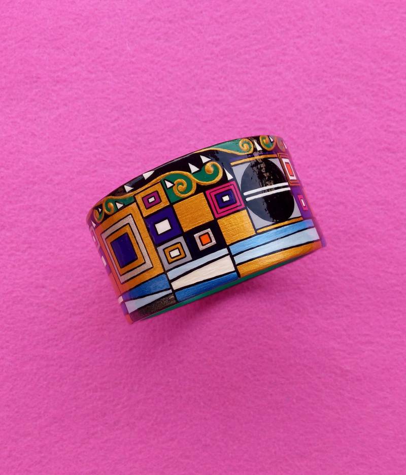 Bemalter Armreif Aus Holz Kunstharz Handgemacht Schwarz Gold Grün Pink Lila Orange Gemälde Gustav Klimt Kunst Schmuck Geschenk von theArtDecoBox