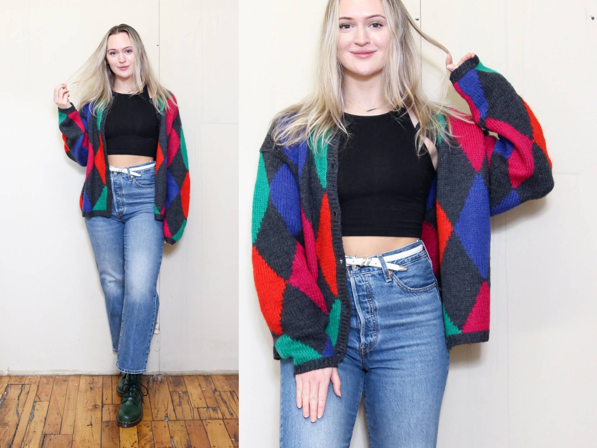 Vintage 80Er 90Er Bunte Regenbogen Argyle Diamond Print Mohair Wolle Streetstyle Slouchy Cardigan Sweater Jacke Top Größe M von theDepressedWaitress